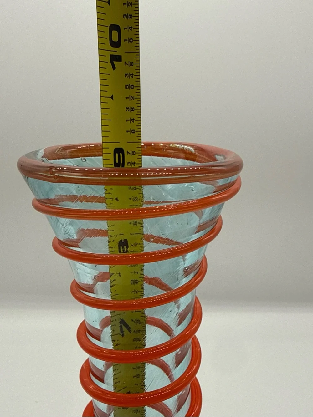 Sabina Rymanow Poland Blue Blown Art Glass 9” Vase Orange Coil Artist Signed